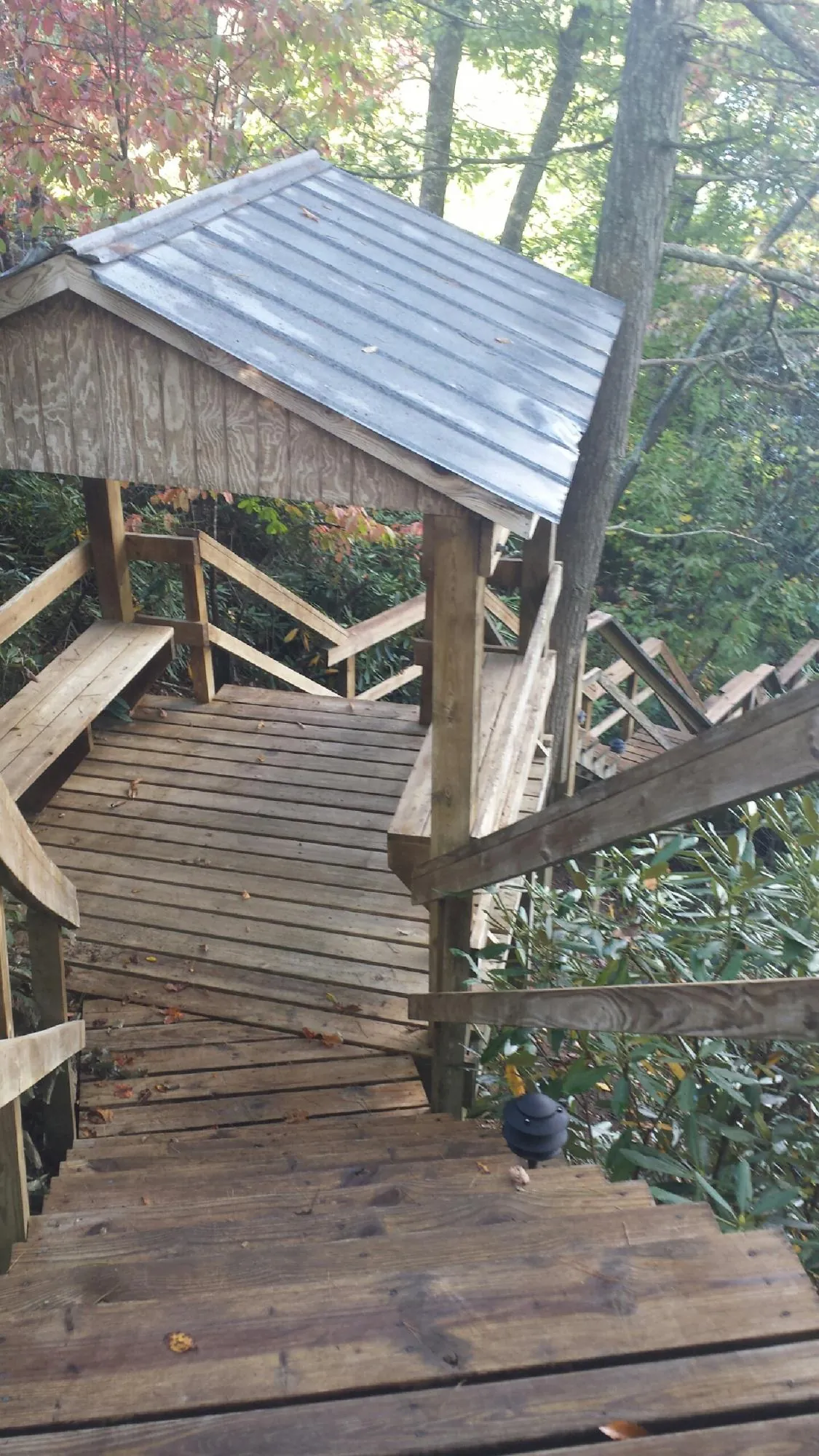 Metal roofed shelter over wooden steps on a wooded walkway — Skylight Repair & Installation work by our crew in Gatesville